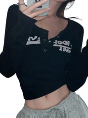 Y2K Paneled Fitted Henley Lace Long Sleeve Top