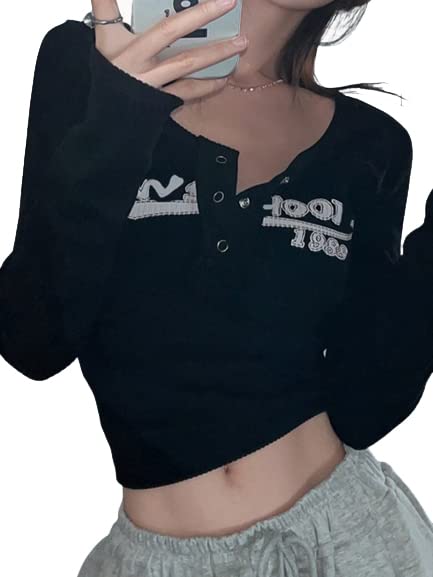 Y2K Paneled Fitted Henley Lace Long Sleeve Top