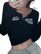 Y2K Paneled Fitted Henley Lace Long Sleeve Top