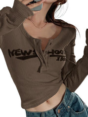 Y2K Paneled Fitted Henley Lace Long Sleeve Top