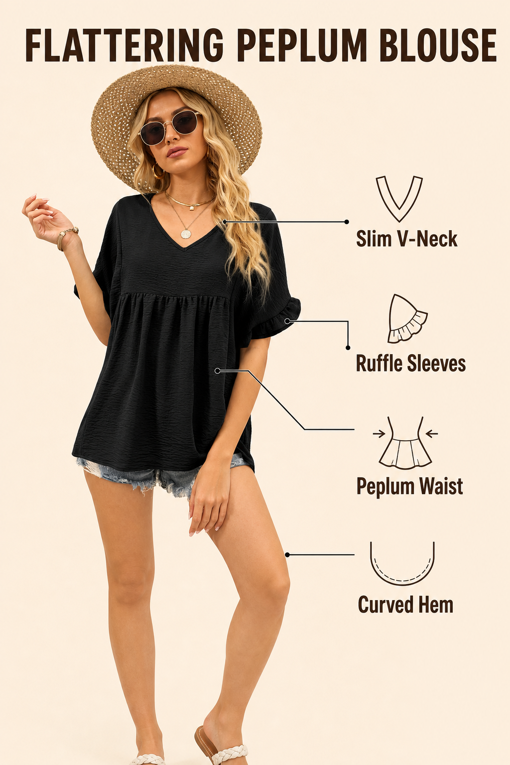Womens V Neck Ruffle Sleeve Tops