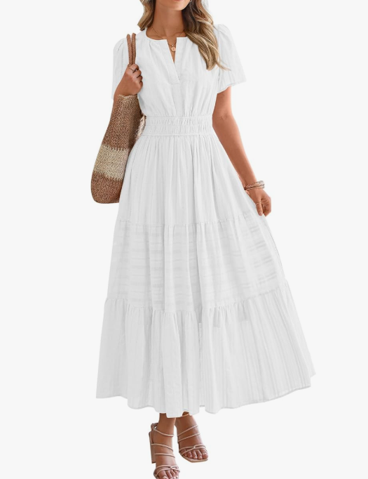 Women’s Short Sleeve V-Neck Boho Maxi Dress with Pockets