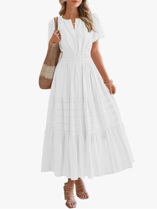 Women’s Short Sleeve V-Neck Boho Maxi Dress with Pockets