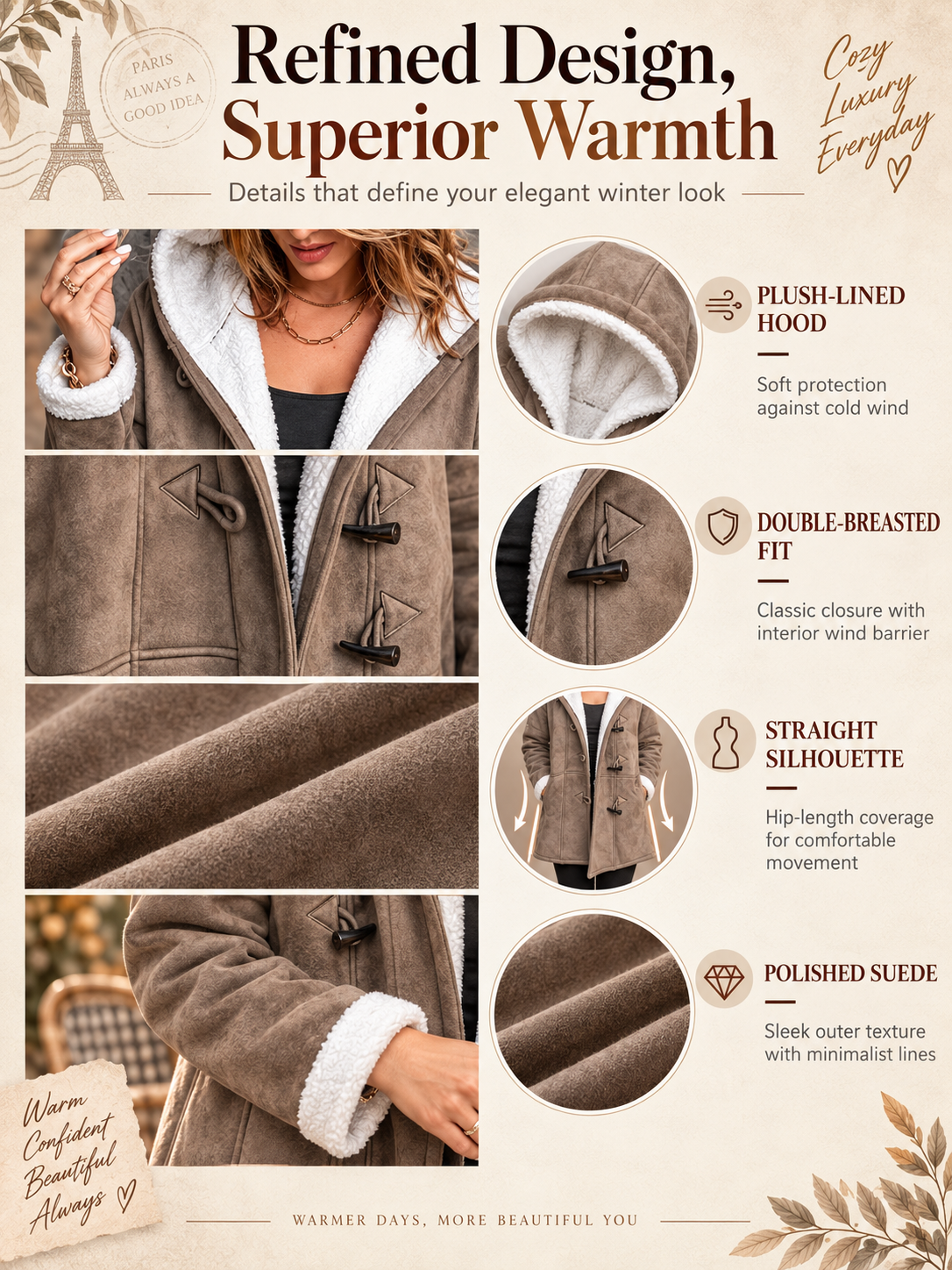 Women's Hooded Suede Coat with Plush Lining