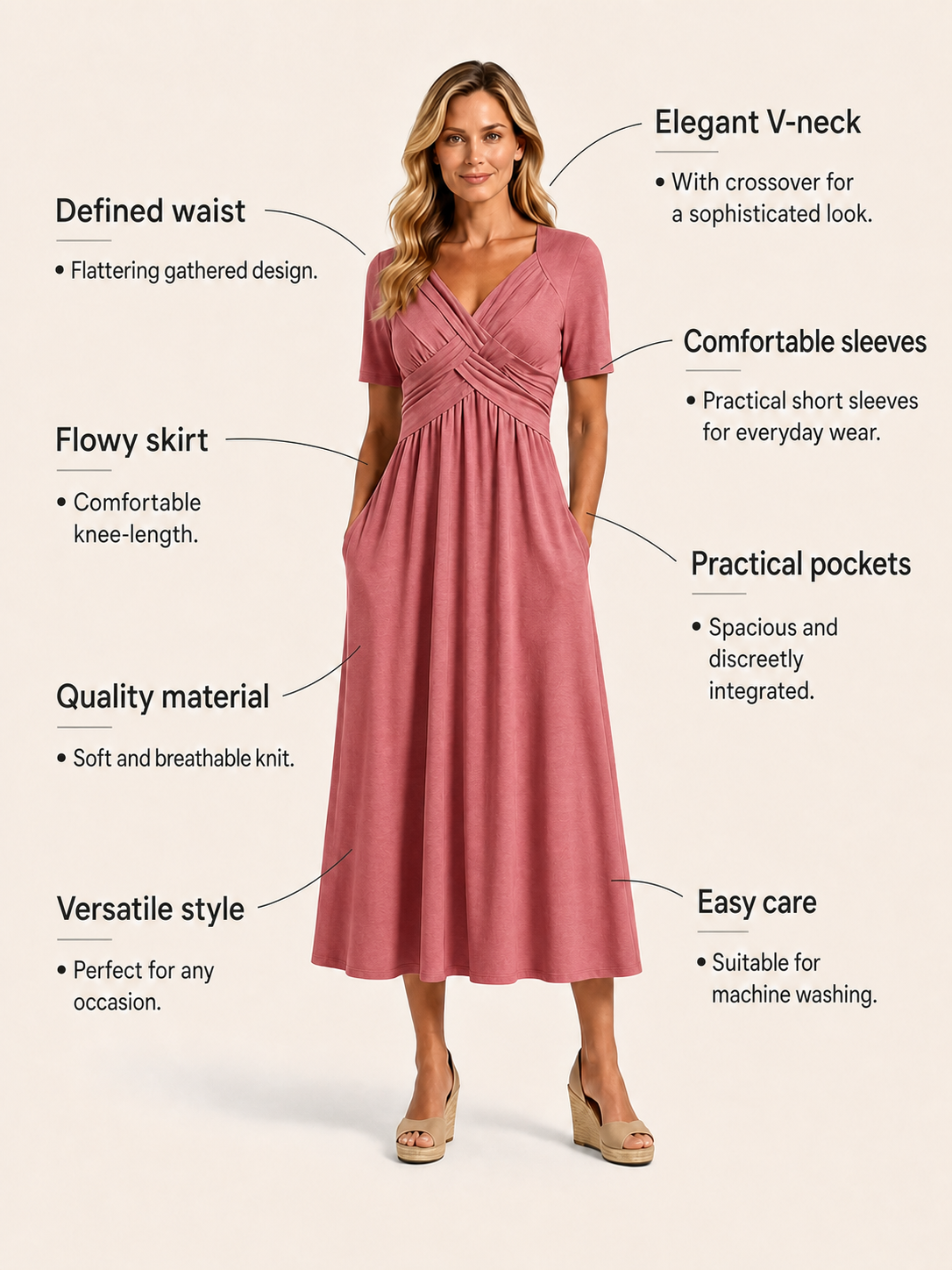 Crossover V-Neck Midi Dress with Pockets