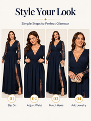 V Neck Lace-Sleeve Empire Waist Maxi Dress