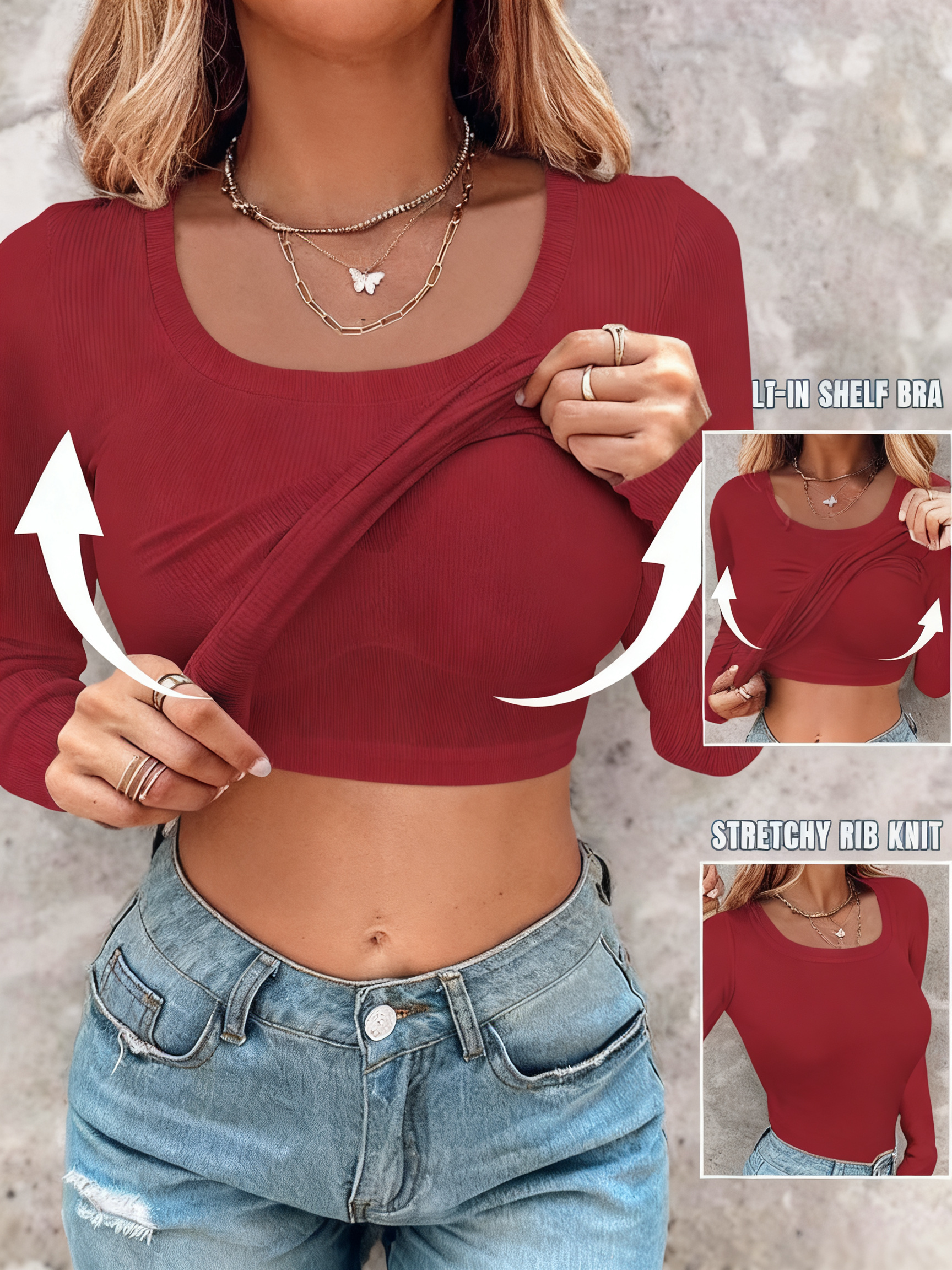 Square Neck Long Sleeve with Built-in Bra