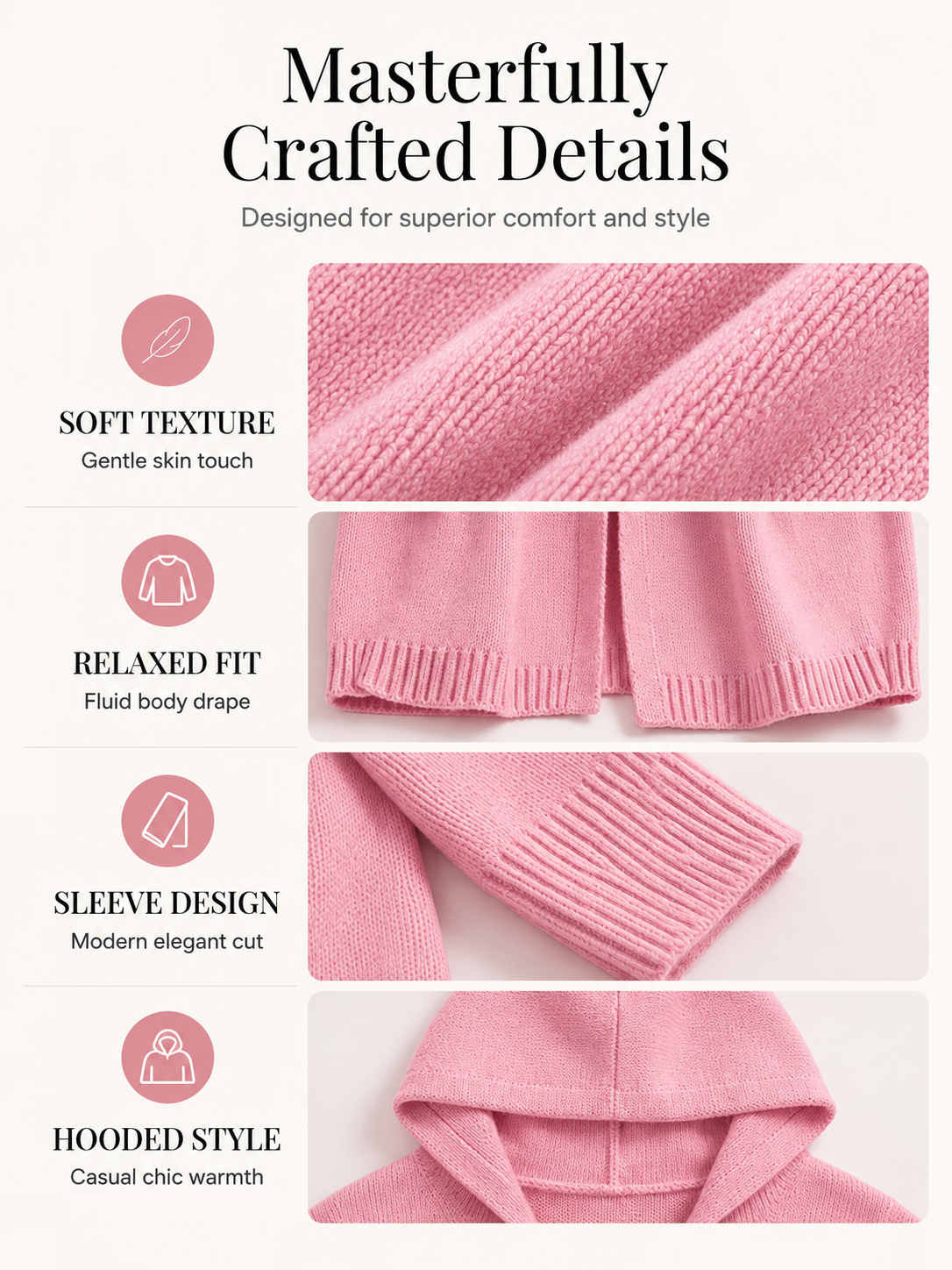 Women's 3/4 Sleeve Hooded Knit Cardigan