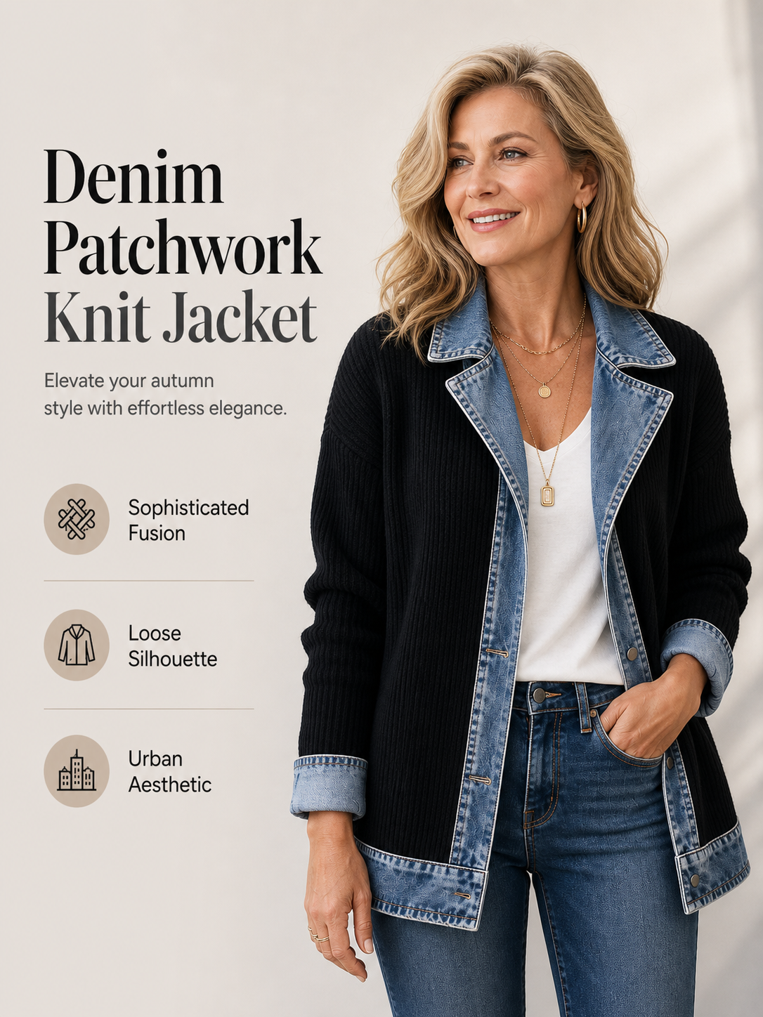 Ribbed Knit Jacket with Denim Trim