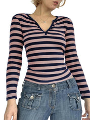 Y2K Paneled Fitted Henley Blouse