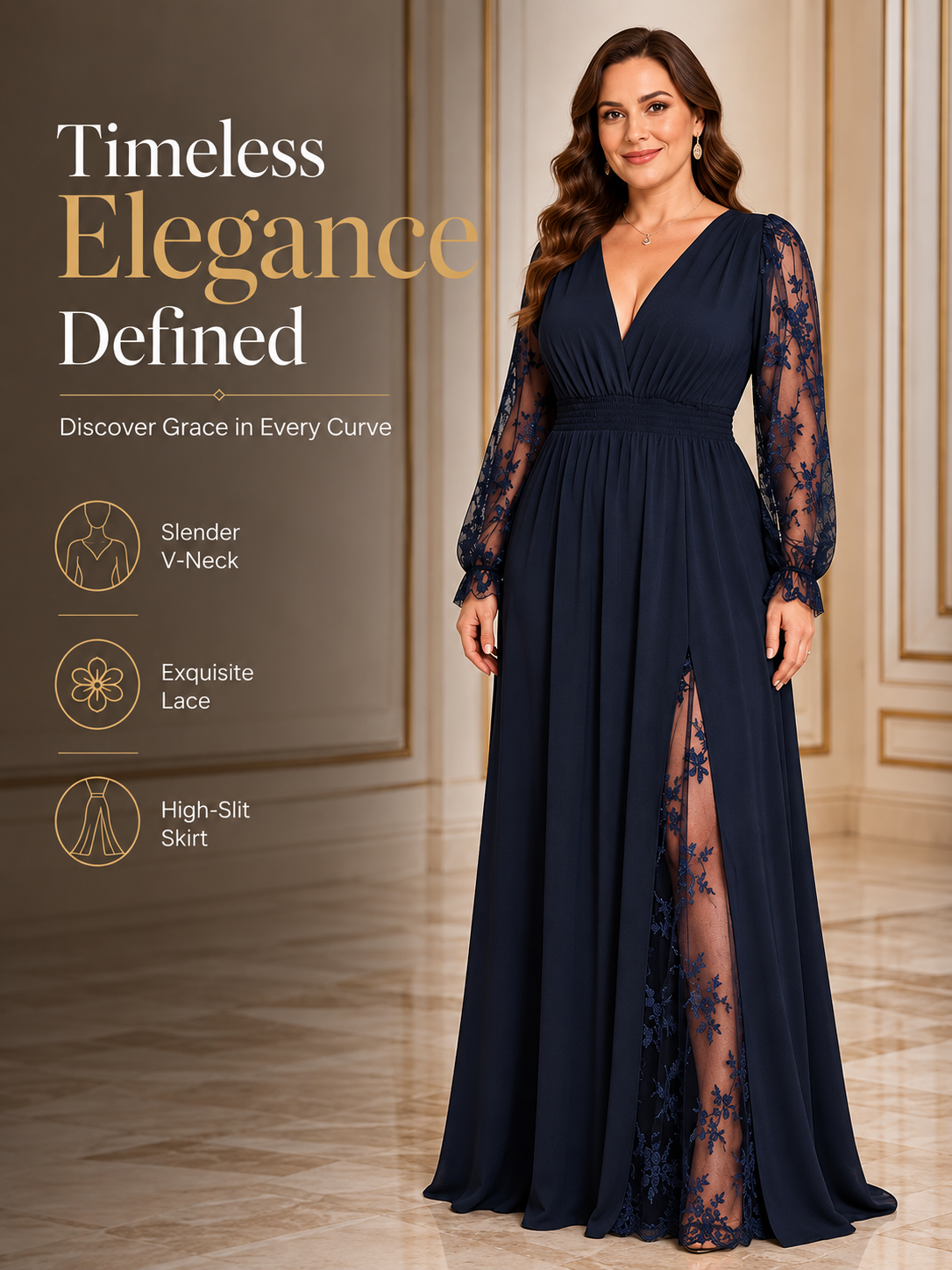 V Neck Lace-Sleeve Empire Waist Maxi Dress