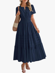 Women’s Short Sleeve V-Neck Boho Maxi Dress with Pockets