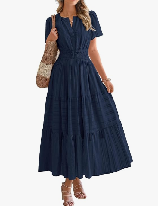 Women’s Short Sleeve V-Neck Boho Maxi Dress with Pockets