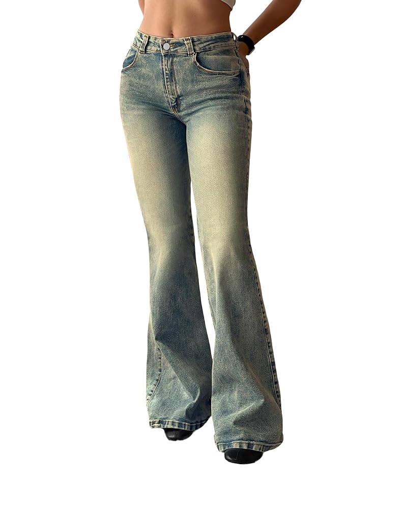 90s Mid High Waist Stretch Flared Bootcut Denim Pants