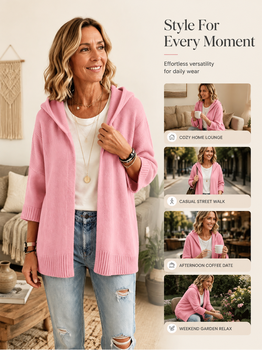 Women's 3/4 Sleeve Hooded Knit Cardigan
