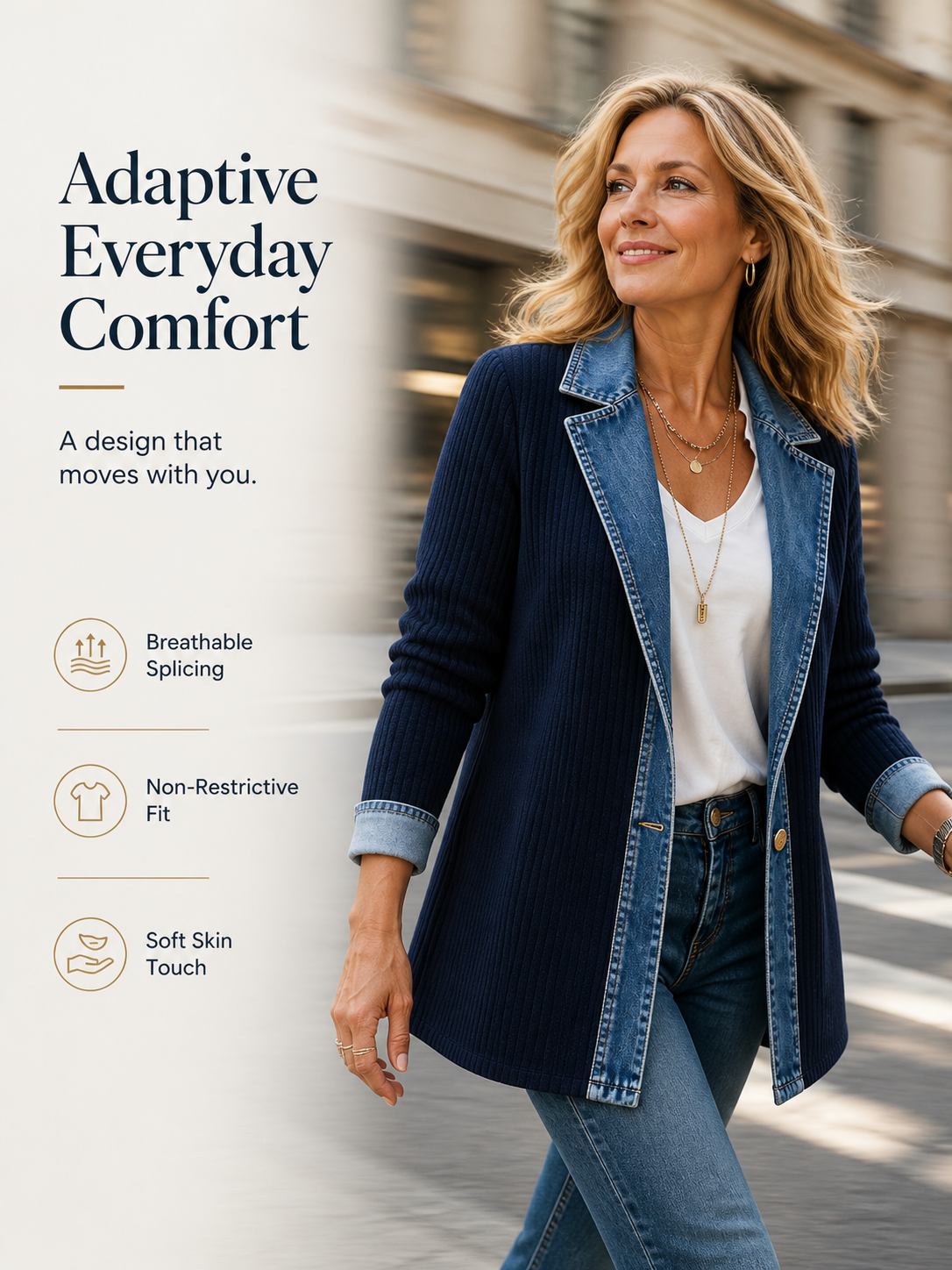 Ribbed Knit Jacket with Denim Trim