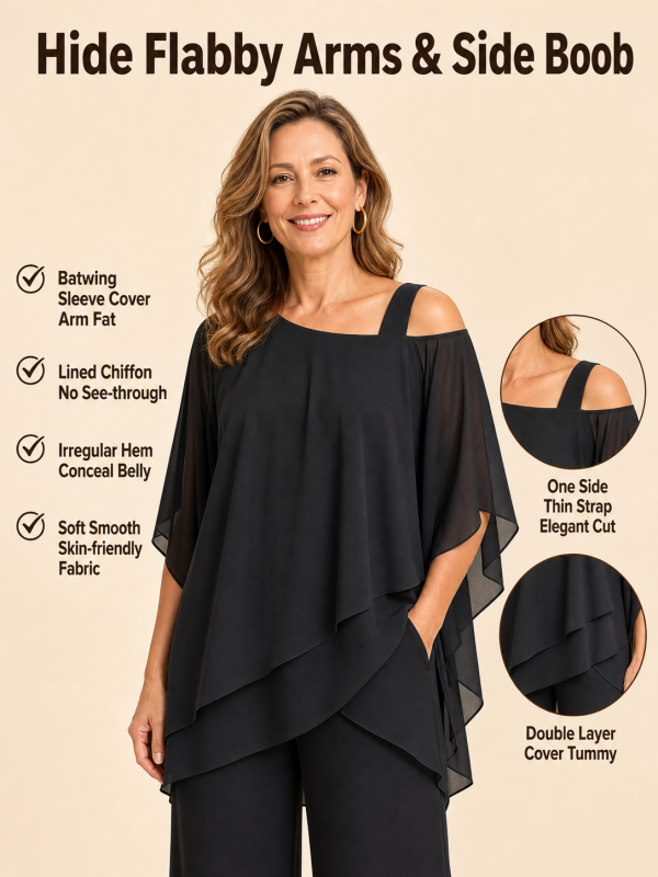 Irregular Layered Chiffon Top & Wide-Leg Pants Set