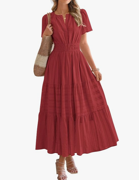 Women’s Short Sleeve V-Neck Boho Maxi Dress with Pockets