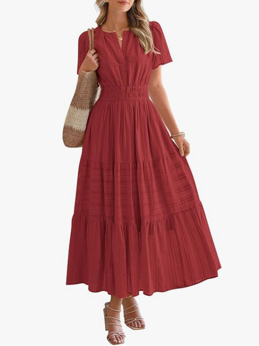 Women’s Short Sleeve V-Neck Boho Maxi Dress with Pockets