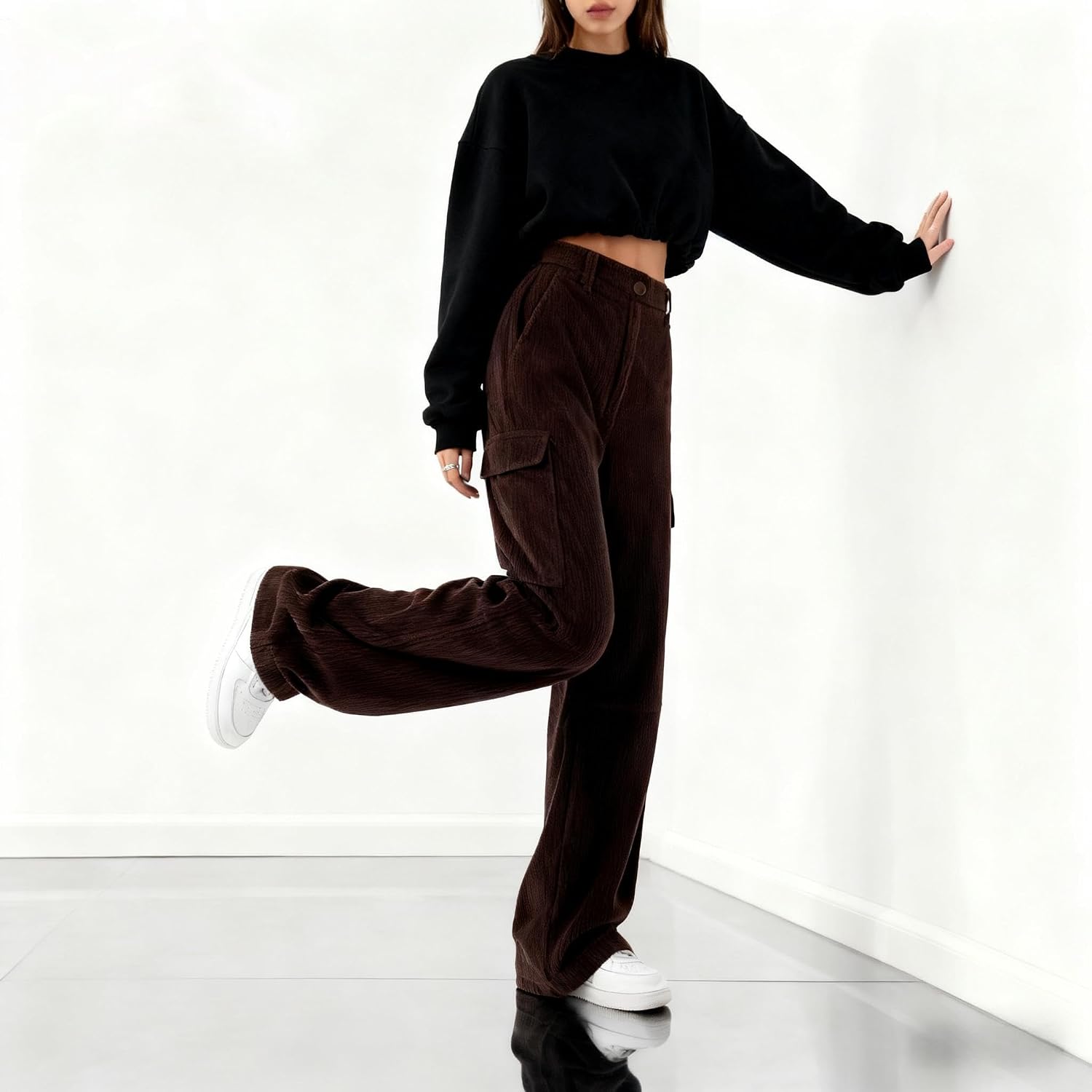 EMMIOL High-Waisted Corduroy Pants for Women, Bootcut Wide Leg Baggy | Cargo Vintage Style,Trousers Pants for women, Loose Fit, Adjustable Waist Buckle, Side Pocket,Trouser in Dark Brown Black