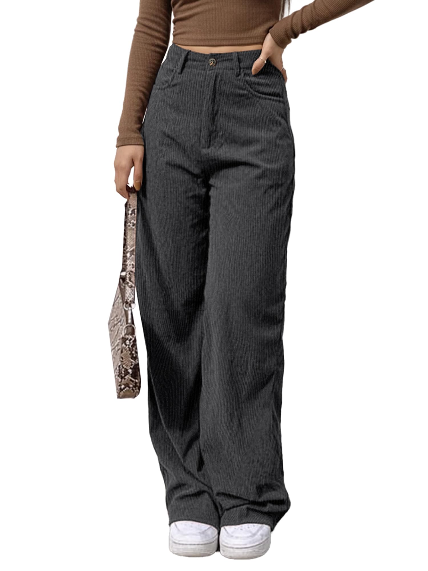 EMMIOL Corduroy Wide Leg Pants Women Casual Winter 2025 Elastic Waist Vintage Loose Trousers with Pockets