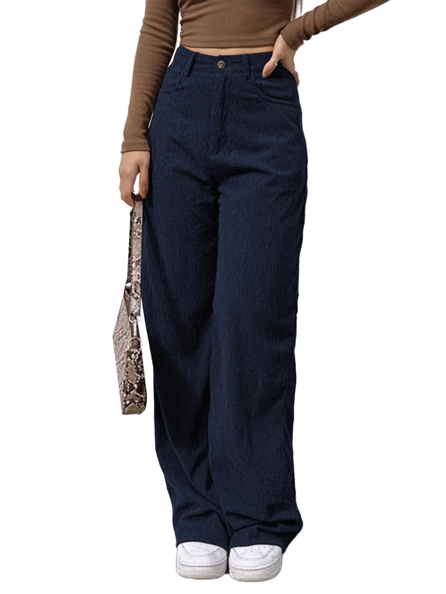 EMMIOL Corduroy Wide Leg Pants Women Casual Winter 2025 Elastic Waist Vintage Loose Trousers with Pockets