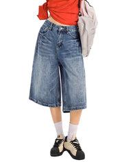 EMMIOL Machine Wash Y2K Jorts Women Wide Leg Baggy Long Jean Shorts Loose Fit Grunge Bermuda Denim Shorts