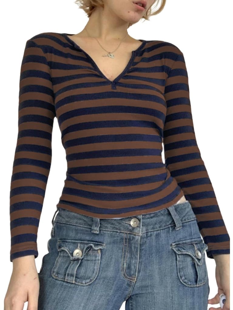 Womens Lace Long Sleeve Top Paneled Henley Shirts Y2k 2000s Fitted Going Out Tops Blouse