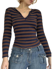 Womens Lace Long Sleeve Top Paneled Henley Shirts Y2k 2000s Fitted Going Out Tops Blouse