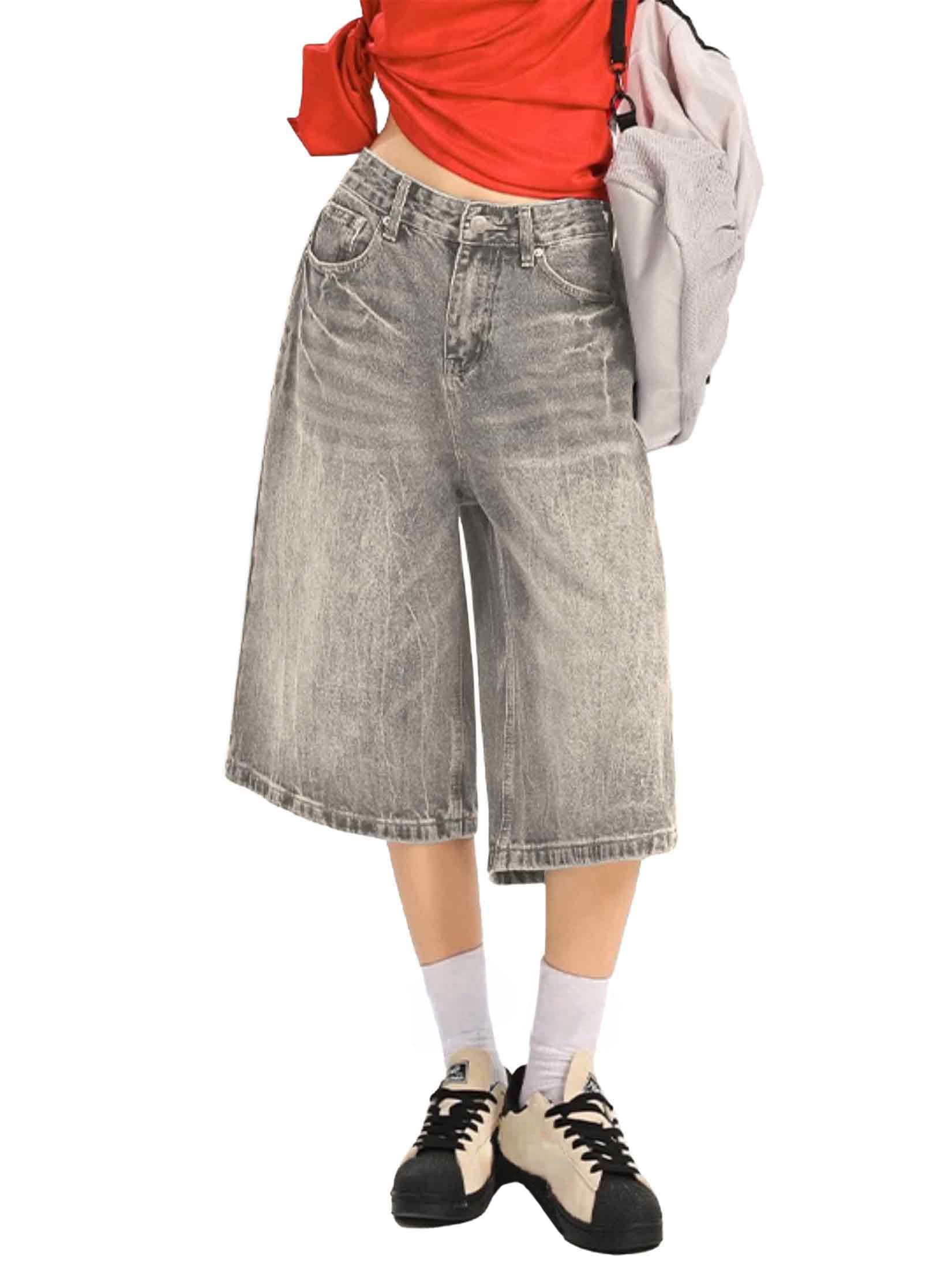 EMMIOL Machine Wash Y2K Jorts Women Wide Leg Baggy Long Jean Shorts Loose Fit Grunge Bermuda Denim Shorts