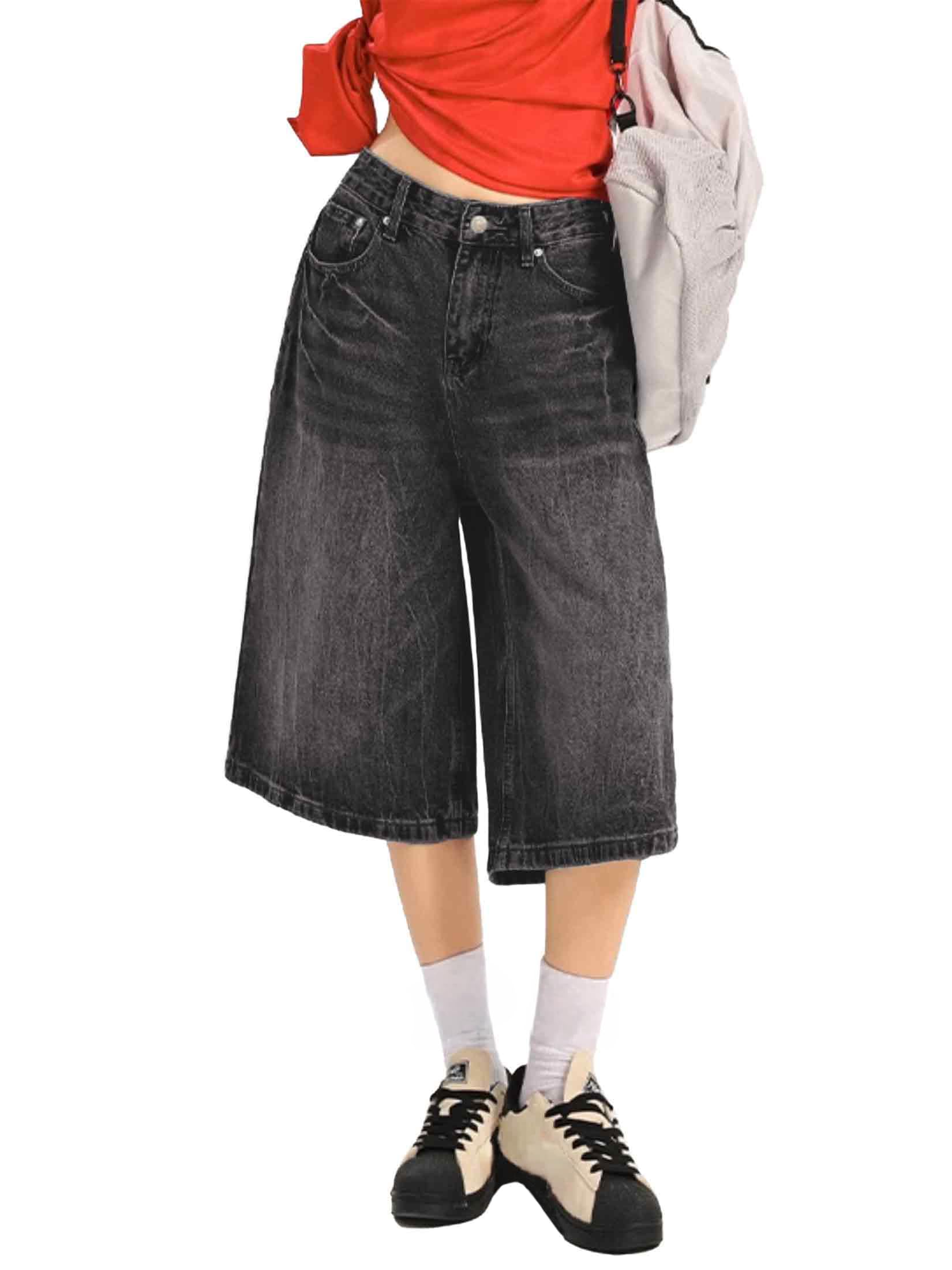 EMMIOL Machine Wash Y2K Jorts Women Wide Leg Baggy Long Jean Shorts Loose Fit Grunge Bermuda Denim Shorts