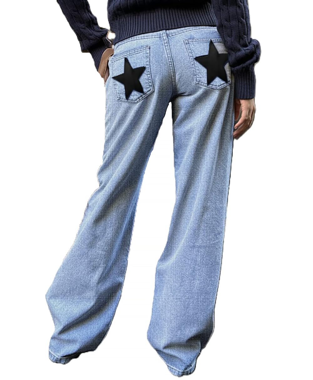 EMMIOL Jeans for Women High Waisted Women's Jeans with Star Patches, Vintage Y2K Denim Pants,Flare Style
