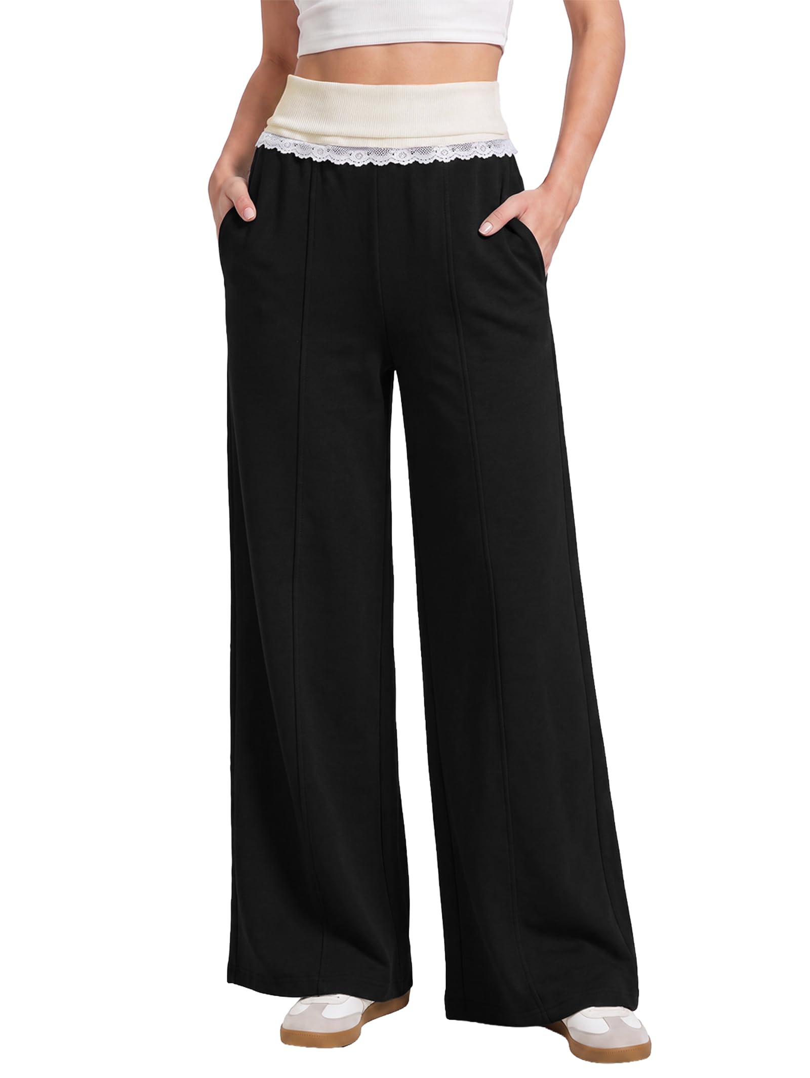EMMIOL Wide Leg Sweatpants Women Foldover Lace Trim Baggy Lounge Pants | Stretchy Yoga Pants,Y2K Look,Back to School Outfits