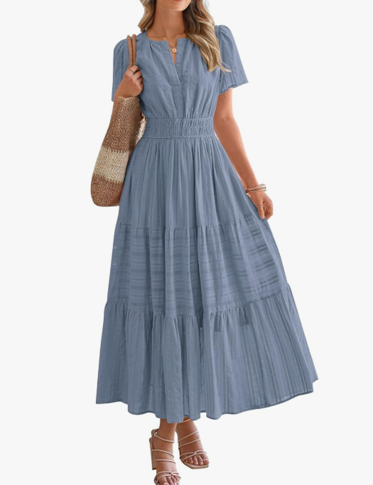 Women’s Short Sleeve V-Neck Boho Maxi Dress with Pockets