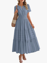 Women’s Short Sleeve V-Neck Boho Maxi Dress with Pockets