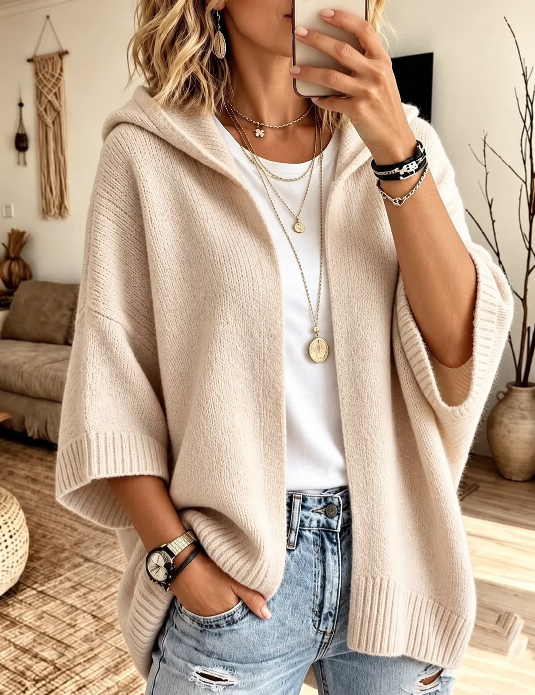 4 Sleeve Hooded Knit Cardigan