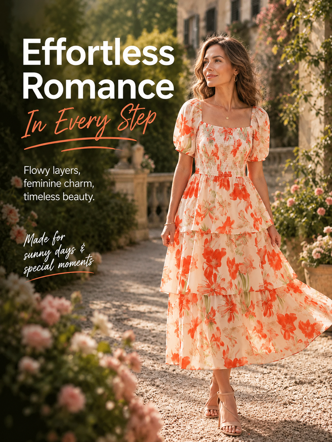 Floral Square-Neck Smocked Tiered Dress