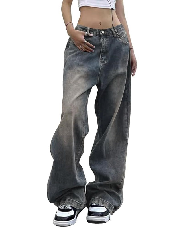 Mid Waist Baggy Wide Leg Denim Pants