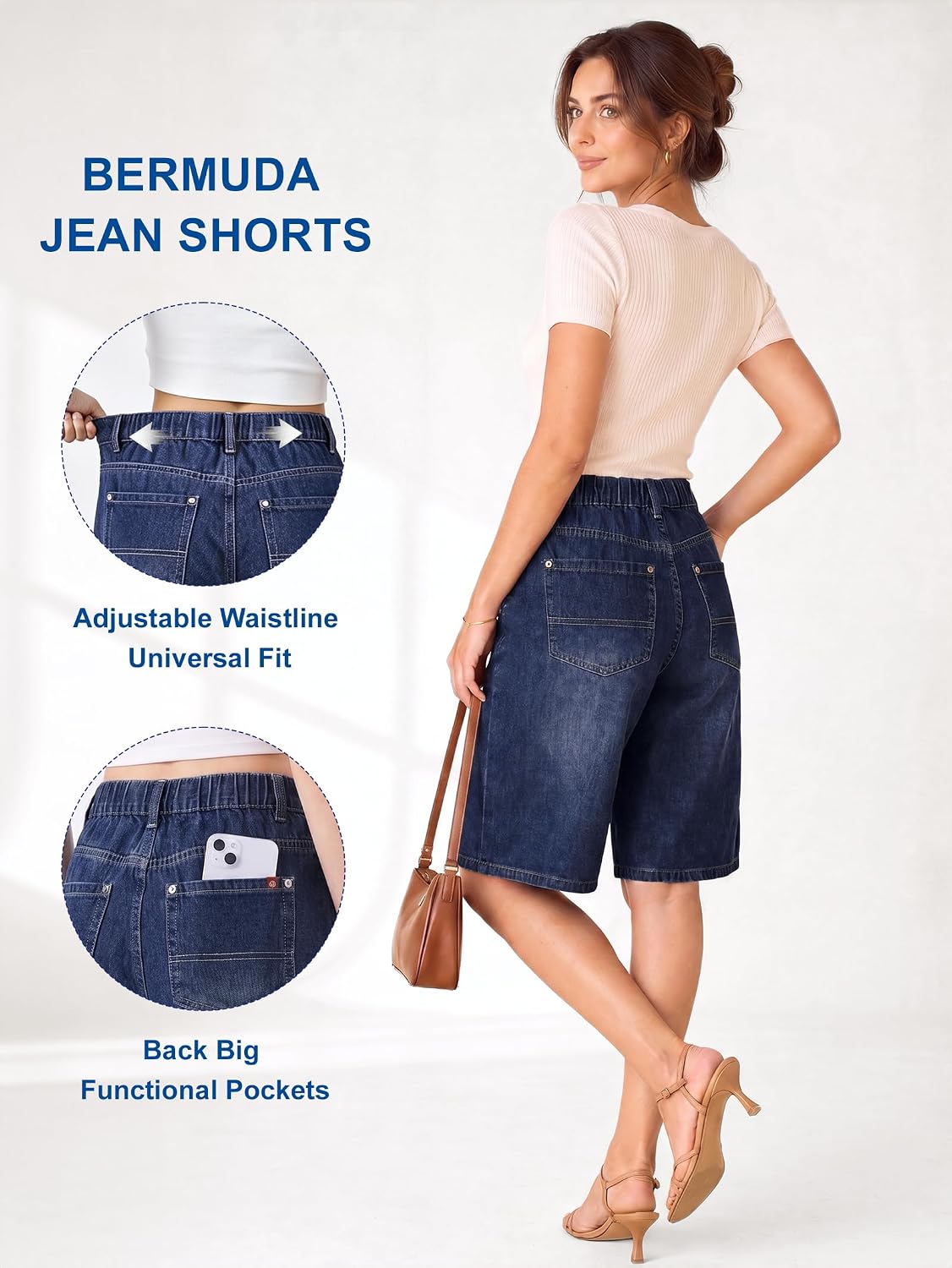 EMMIOL Bermuda Jean Shorts for Women Mid Waisted Denim Shorts | Knee Length, Baggy Jorts, Elastic Waist, Wide Leg, Jean Shorts with Pockets, Daily, Concert, Party, Relaxed Fit