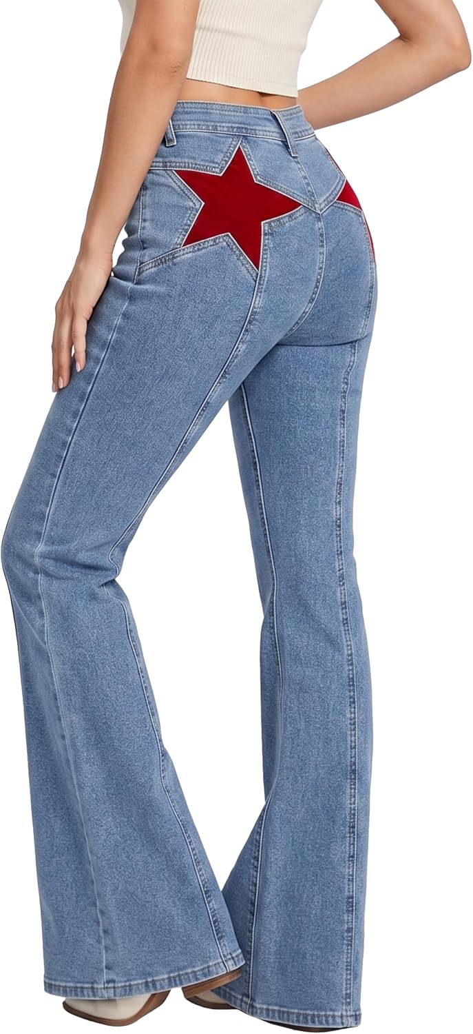 EMMIOL Jeans for Women High Waisted Women's Jeans with Star Patches, Vintage Y2K Denim Pants,Flare Style