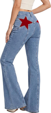 EMMIOL Jeans for Women High Waisted Women's Jeans with Star Patches, Vintage Y2K Denim Pants,Flare Style