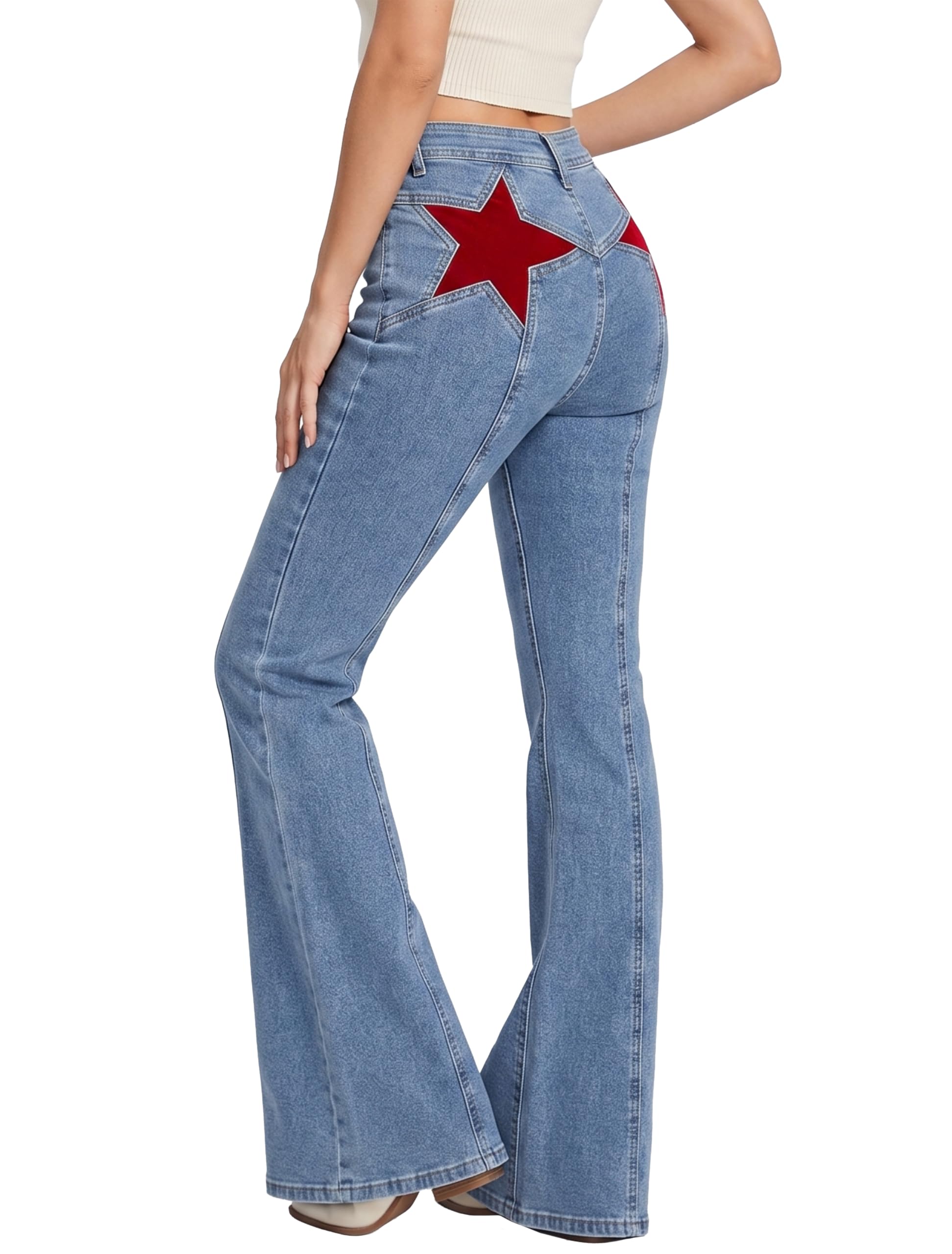 EMMIOL Jeans for Women High Waisted Women's Jeans with Star Patches, Vintage Y2K Denim Pants,Flare Style