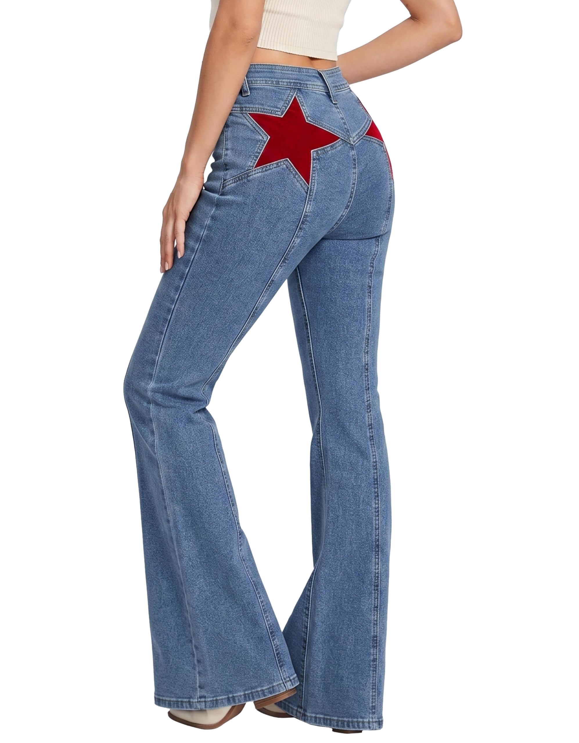EMMIOL Jeans for Women High Waisted Women's Jeans with Star Patches, Vintage Y2K Denim Pants,Flare Style