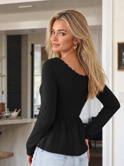 EMMIOL Peplum Tops for Women Long Sleeve Babydoll Tops Cute Y2K Shirts | V Neck with Lace Trim T Shirts, Casual Going Out Top 2026, Fall Trendy, Cute Summer Blouse, Peplum Tops, Stretchy Fabric
