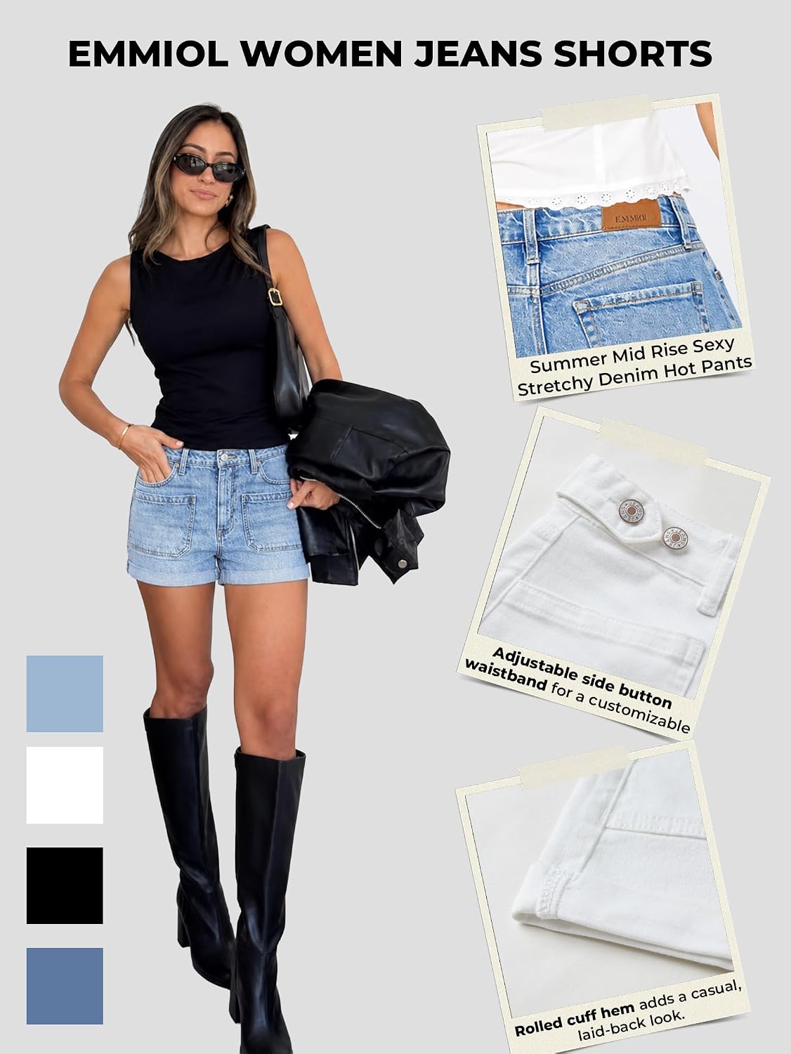 EMMIOL Women Jean Shorts Mid Rise Stretchy Summer Denim Shorts | Adjustable Waist,Cuffed Hem,Jean Shorts with Pockets,Stretch Soft Fabric,Going out,Daily Casual Wear,Back to School