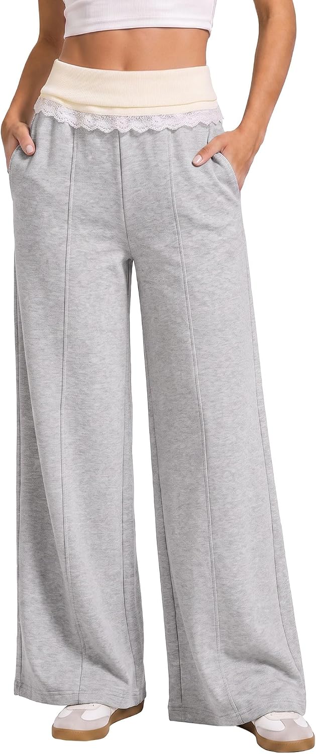 EMMIOL Wide Leg Sweatpants Women Foldover Lace Trim Baggy Lounge Pants | Stretchy Yoga Pants,Y2K Look,Back to School Outfits