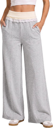 EMMIOL Wide Leg Sweatpants Women Foldover Lace Trim Baggy Lounge Pants | Stretchy Yoga Pants,Y2K Look,Back to School Outfits