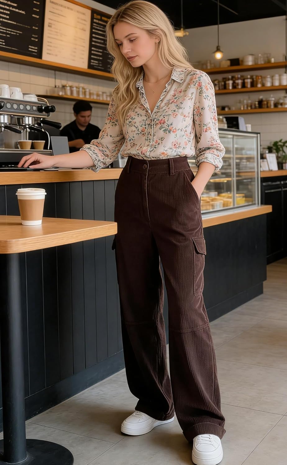 EMMIOL High-Waisted Corduroy Pants for Women, Bootcut Wide Leg Baggy | Cargo Vintage Style,Trousers Pants for women, Loose Fit, Adjustable Waist Buckle, Side Pocket,Trouser in Dark Brown Black