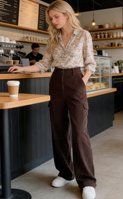 EMMIOL High-Waisted Corduroy Pants for Women, Bootcut Wide Leg Baggy | Cargo Vintage Style,Trousers Pants for women, Loose Fit, Adjustable Waist Buckle, Side Pocket,Trouser in Dark Brown Black
