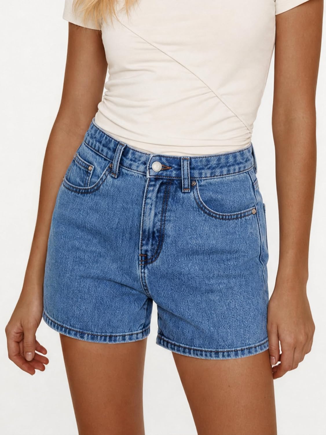 EMMIOL Jean Shorts Womens High Waisted Stretchy Jorts Summer | Vintage Button Y2K Denim Short Mid Length Casual Basic Solid Jeans Outfits with Front and Back Pockets